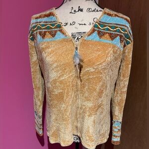Bohemian Tan and Blue Chenille Knit Cardigan size Medium
